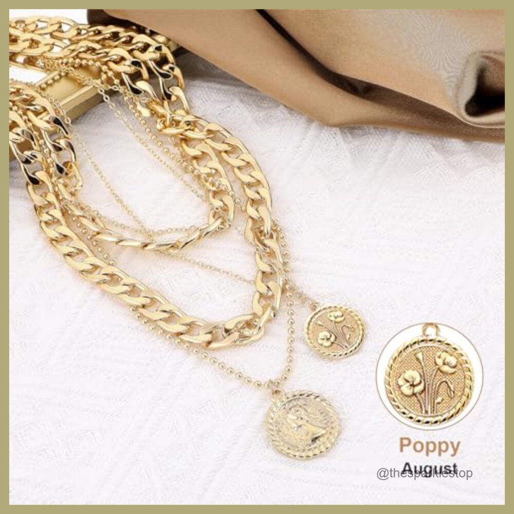 Gold Layered Necklace Set with Coin Pendant, 3 Piece Chain Necklaces - Picture 5 of 7